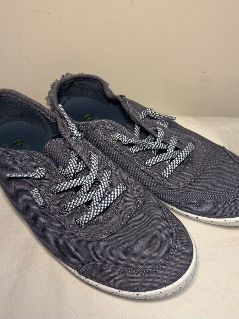 Bobs by Skechers Women's Shoes Denim Blue Canvas Rag Trim, Lace-Up Size 8 EU  38